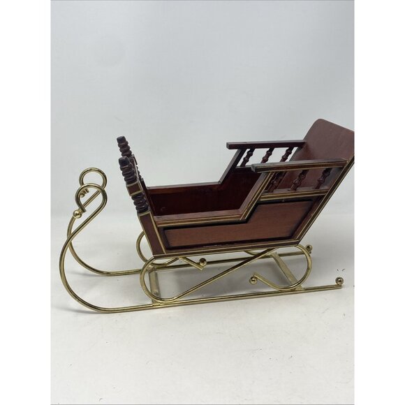 Vtg Wooden Christmas Santa Sleigh Display with Brass Metal Runners Holiday 13x5” - Picture 3 of 13